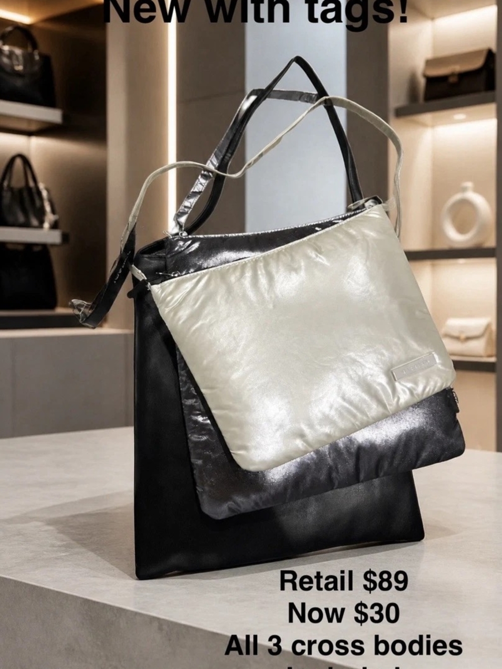 Women’s Metallic Silver/Black Crossbody Bag, Zip Closure, Medium, Beige Strap